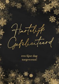 Verjaardagskaart kader sneeuwvlokjes goud gefeliciteerd