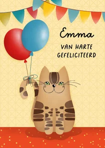 Verjaardagskaart kat met ballonnen aan zijn staart