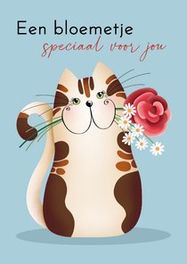 Verjaardagskaart - Kat met bloemen in zijn mondje