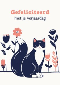 Verjaardagskaart kat met bloemen