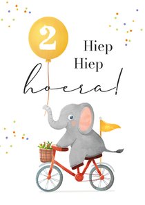 Verjaardagskaart kind 2 jaar fietsende olifant confetti