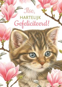 Verjaardagskaart kitten met magnolia