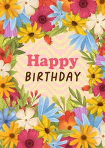 Verjaardagskaart kleurrijk bloemen fleurig happy birthday
