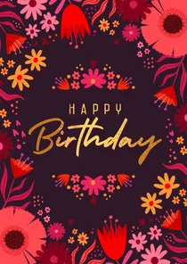 Verjaardagskaart kleurrijke bloemen paarse achtergrond