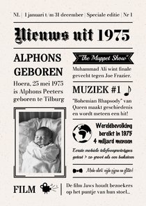 Verjaardagskaart krant nieuwsbericht vintage 1975 50 jaar