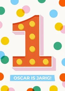 Verjaardagskaart leeftijd 1 grote confetti gekleurd vrolijk