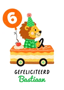 Verjaardagskaart leeuw tompouce auto oranje