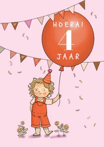Verjaardagskaart meisje 4 jaar ballon en vlaggetjes