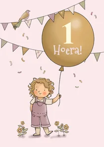 Verjaardagskaart meisje met ballon en vogel