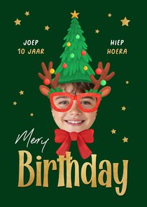 Verjaardagskaart merry birthday kerst kerstmuts bril foto