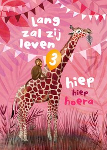 Verjaardagskaart met aapje en giraffe