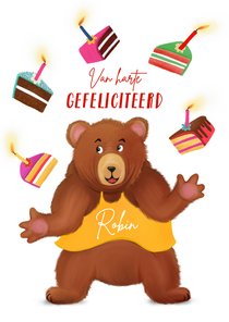 Verjaardagskaart met beer die jongleert met taartjes