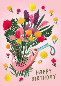 Verjaardagskaart met bloemen in padelracket