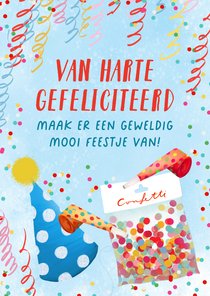 Verjaardagskaart met confetti en feesttoeters