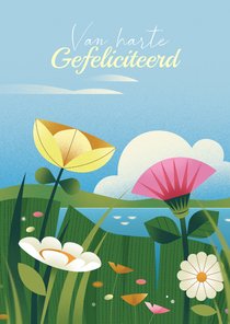 Verjaardagskaart met geïllustreerde bloemen als felicitatie