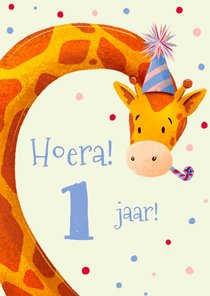 Verjaardagskaart met giraf en confetti 1 jaar