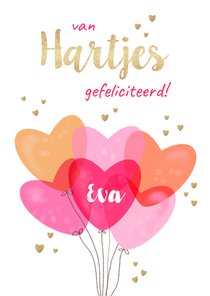 Verjaardagskaart met hartjes ballonnen