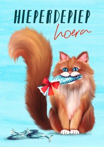Verjaardagskaart met kat en vis