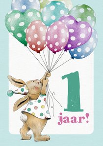 Verjaardagskaart met konijn en ballonnen 1 jaar