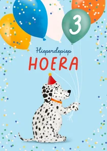 Verjaardagskaart met lief hondje en ballonnen