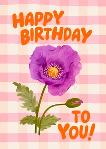 Verjaardagskaart met paarse klaproos