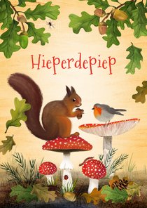 Verjaardagskaart met paddestoelen en bosdieren