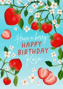 Verjaardagskaart met rode aardbeien en bloemetjes