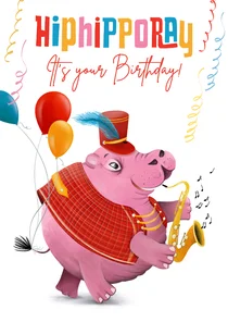 Verjaardagskaart met roze nijlpaard