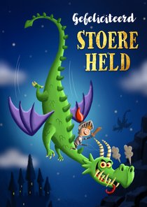 Verjaardagskaart met stoere ridder op vliegende draak!