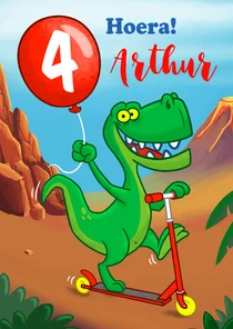 Verjaardagskaart met T-rex op step met ballon in zijn hand!