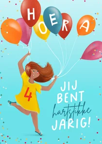 Verjaardagskaart met vrolijk meisje en ballonnen