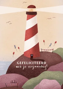 Verjaardagskaart met vuurtoren ballonnen en slingers