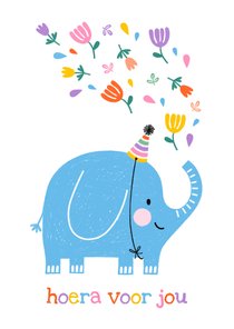Verjaardagskaart olifant blauw feestmuts bloemen 