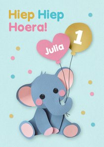 Verjaardagskaart olifantje met ballonnen 1 jaar