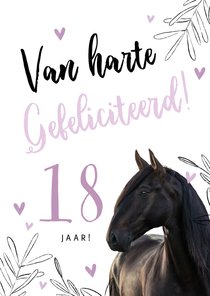 Verjaardagskaart paard met lila hartjes en bladeren leeftijd