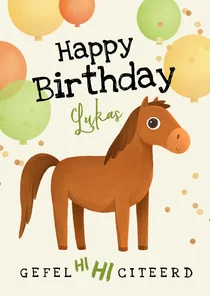 Verjaardagskaart paard pony ballonnen confetti kind neutraal
