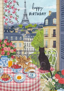 Verjaardagskaart Parijs balkon kat ontbijt illustratie sfeer