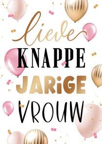 Verjaardagskaart partner vrouw ballonnen confetti roze