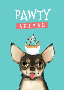 Verjaardagskaart pawty animal hond taart