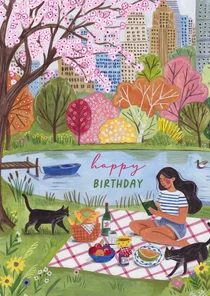 Verjaardagskaart picknick in stadspark met katten en boek