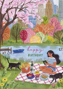 Verjaardagskaart picknick in stadspark met katten en boek