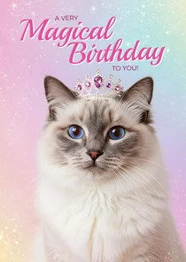 Verjaardagskaart poes met glitters met tiara