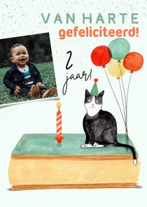 Verjaardagskaart poes tompouce ballonnen foto 2 jaar