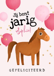 Verjaardagskaart pony ballonnen confetti kind roze