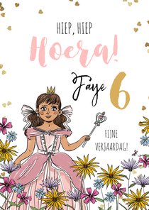 Verjaardagskaart prinses bloemen hartjesconfetti goud