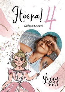 Verjaardagskaart prinses watercolour sterren glitter foto