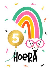 Verjaardagskaart regenboog potlood meisje goud