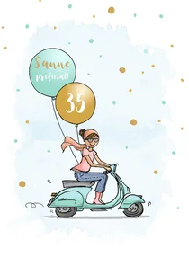 Verjaardagskaart retro scooter vrouw