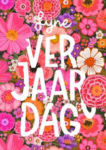 Verjaardagskaart roze bloemen met blad