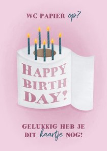 Verjaardagskaart roze humor wc rol met kaarsjes